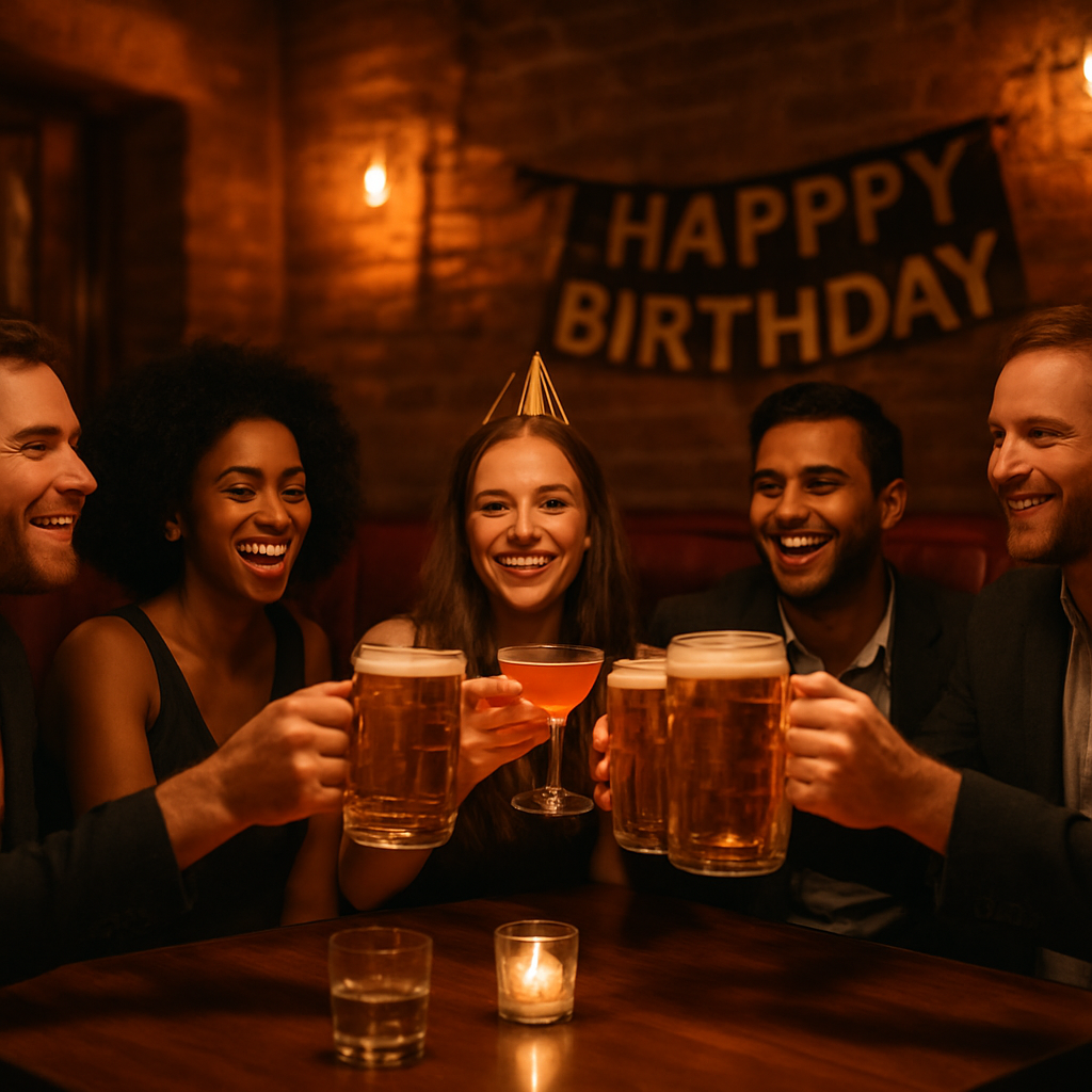 A group of friends celebrating a birthday with cocktails and steins at Stein Strasse Derby