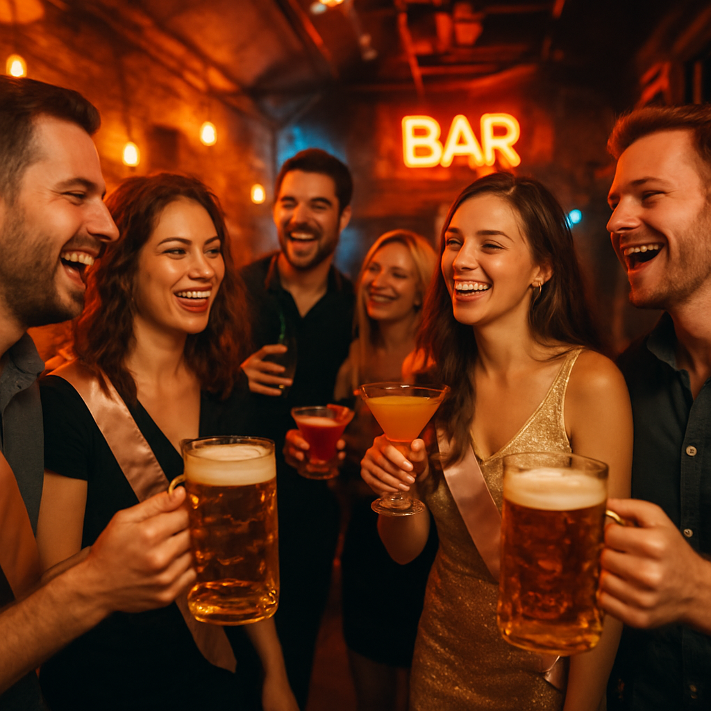 A stag and hen party celebrating with cocktails and steins at Stein Strasse Derby