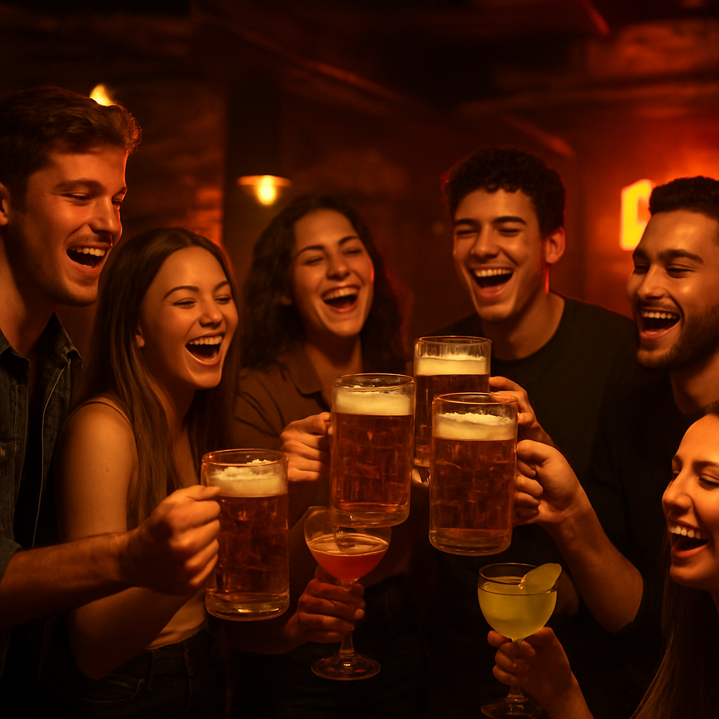 University students celebrating together with beer steins at Stein Strasse Derby
