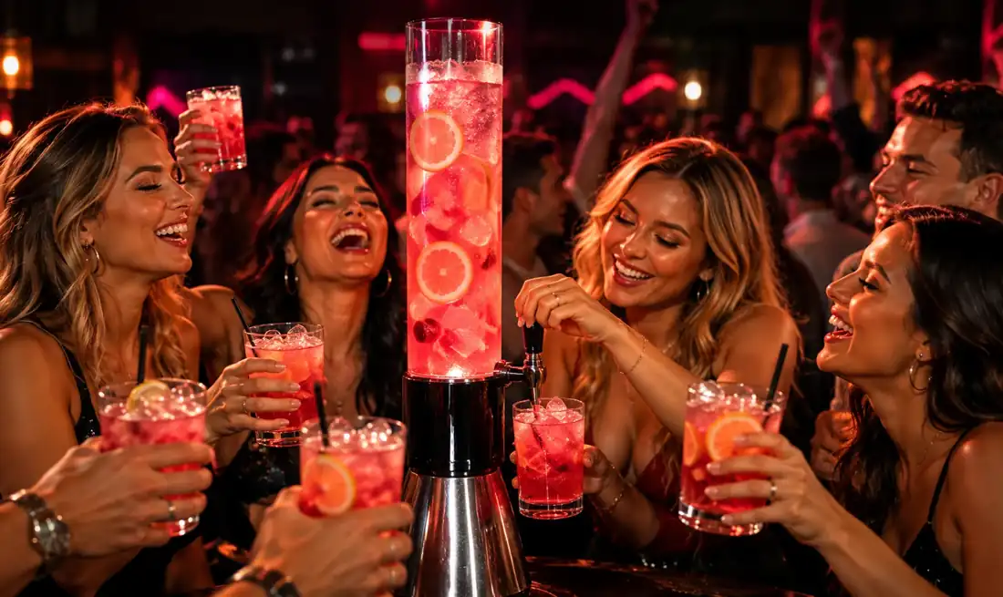 Friends sharing a cocktail tower
